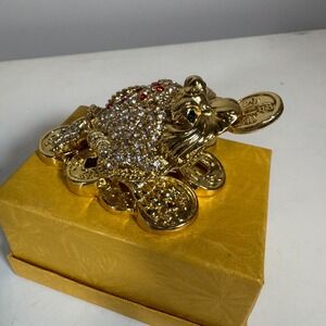 Frog Fortune Bejeweled Enamel Hinged Trinket Box Gold Tone
